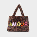 Fluffy bruine luipaard shopper bag met multicolor AMOUR letters, 45x33 cm