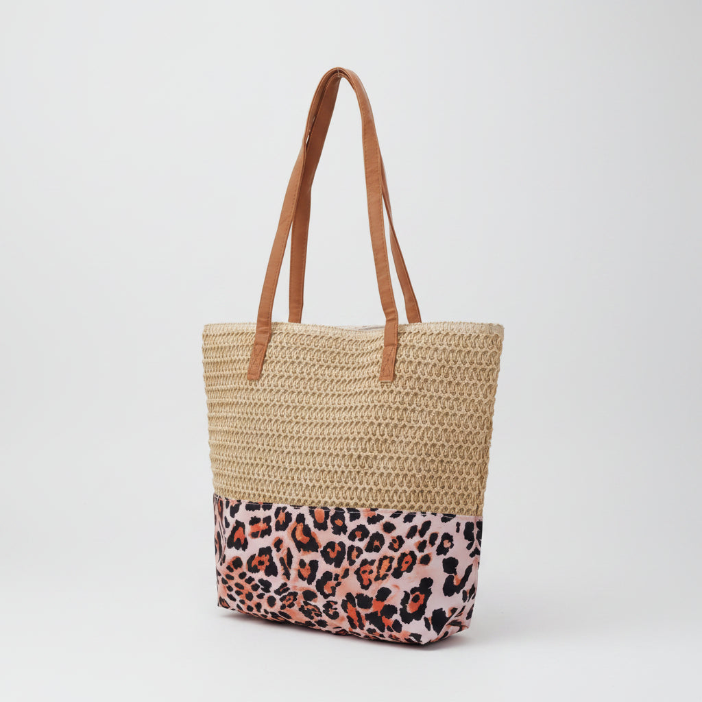 Beach Bag Woven Leopard 47x36x13 cm | Beige