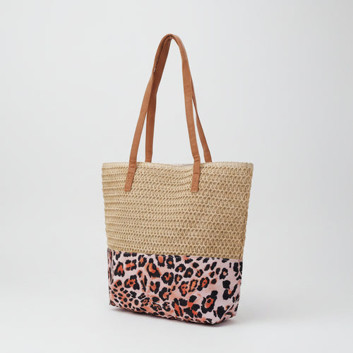 Beach Bag Woven Leopard 47x36x13 cm | Beige
