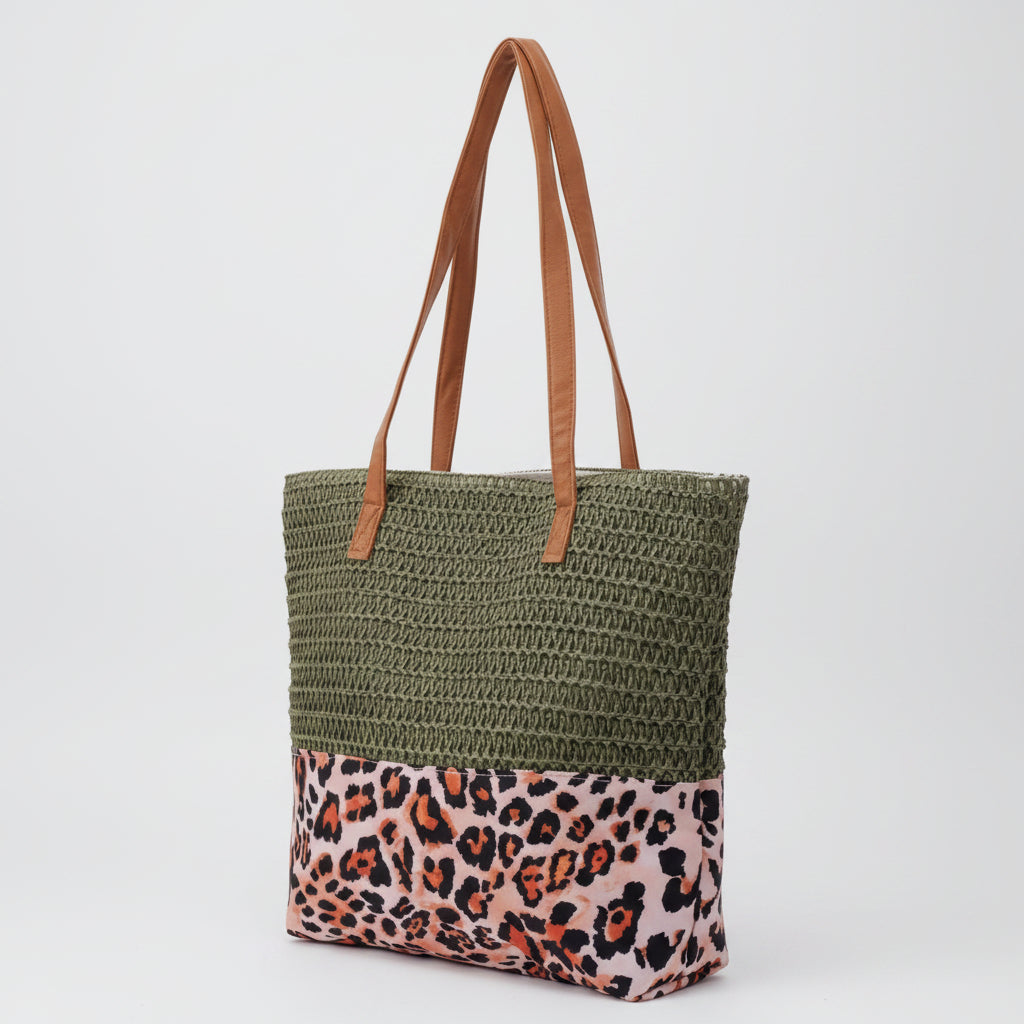 Beach Bag Woven Leopard 47x36x13 cm | Groen