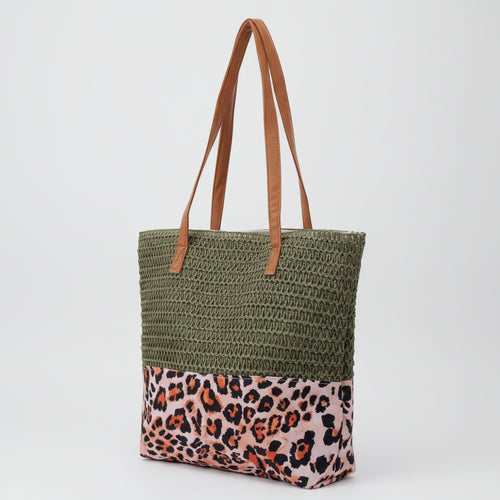 Beach Bag Woven Leopard 47x36x13 cm | Groen