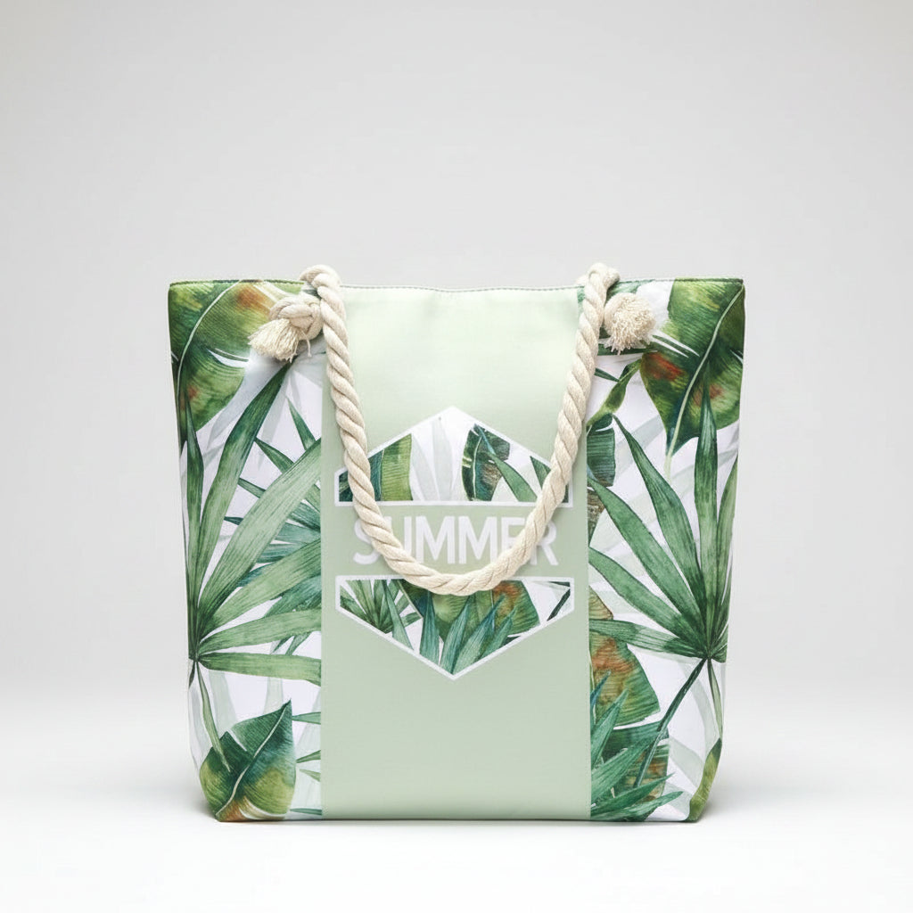 Groene strandtas met tropisch bladprint, SUMMER opdruk en touwhengsels, 45x35 cm