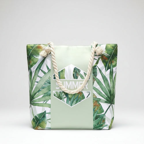 Groene strandtas met tropisch bladprint, SUMMER opdruk en touwhengsels, 45x35 cm