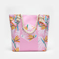 Roze strandtas met tropisch bloemenprint, SUMMER opdruk en touwhengsels, 45x35 cm