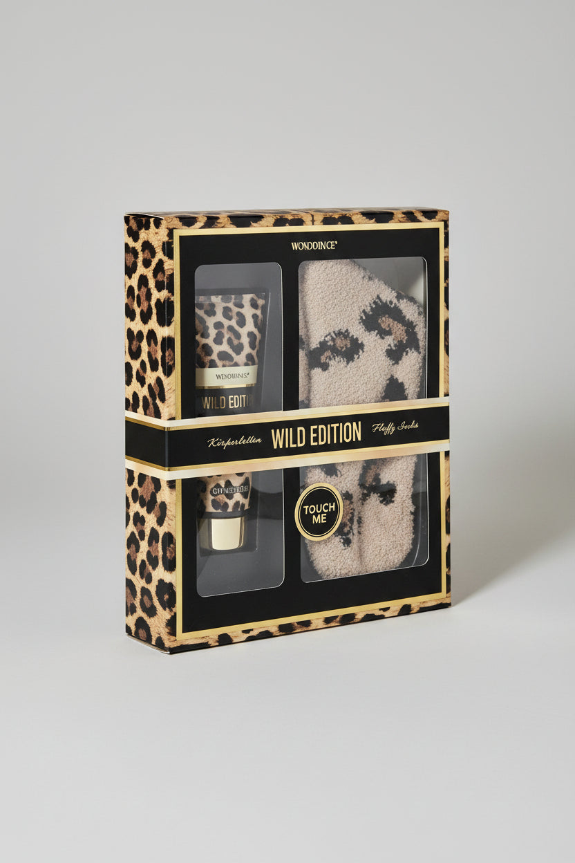 Wild Edition Cadeaubox met bodylotion en Fluffy luipaardprint sokken